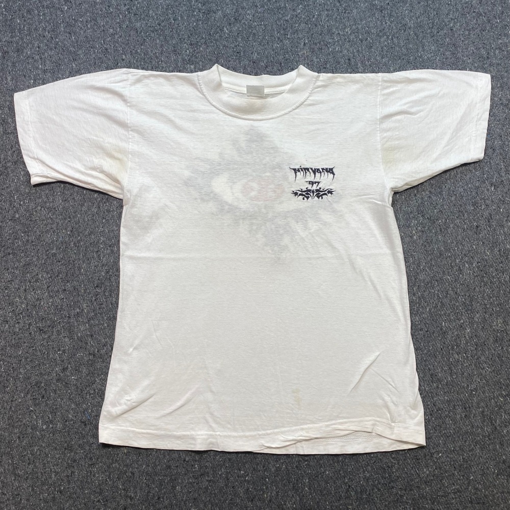 Shangri-La Nirvana 1997 TShirt Sz M Mens White Grunge Tribal Graphic Vintage 90s